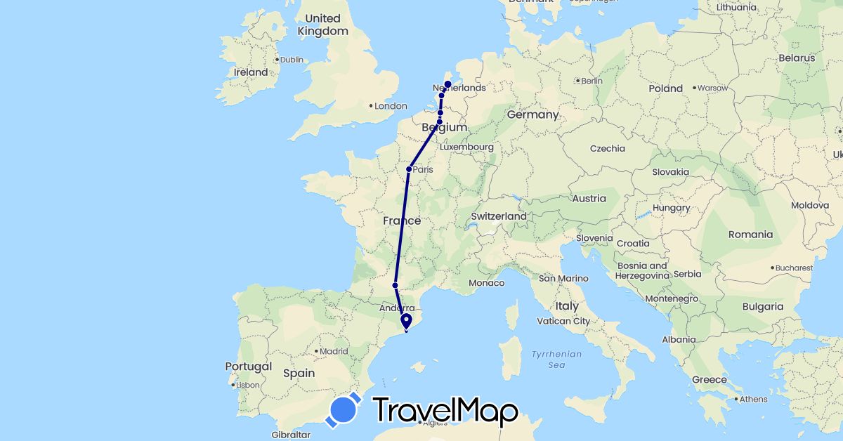 TravelMap itinerary: driving in Belgium, Spain, France, Netherlands (Europe)